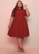 Summer Plus Size Casual Red Short Sleeves Skater Dress