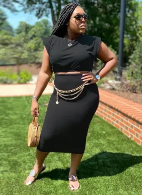 Summer Casual Black Crop Top and Pencil Skirt 2PC Set