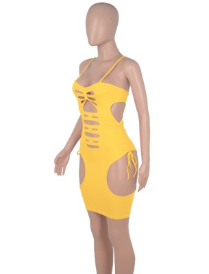 Summer Yellow Sexy Hollow Out Strap Mini Bodycon Dress