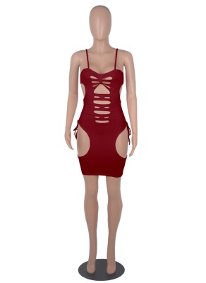 Summer Red Sexy Hollow Out Strap Mini Bodycon Dress