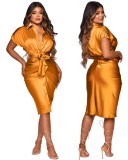 Summer Champagne Elegant Button Up Midi Dress with Belt