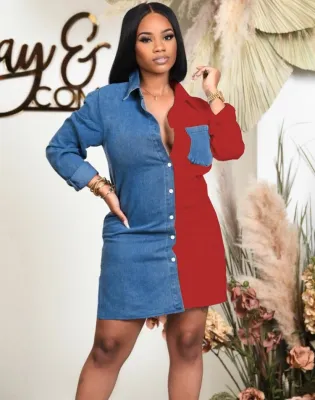 Autumn Casual Color Block Long Sleeve Denim Blouse Dress