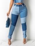 Summer Color Block Patch High Waist Casual Jeans