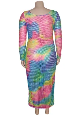 Autumn Plus Size Multicolor Fishnet Long Dress