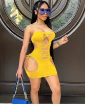 Summer Yellow Sexy Hollow Out Strap Mini Bodycon Dress