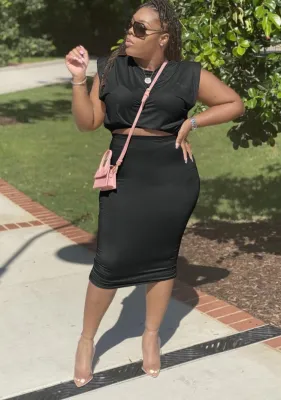Summer Casual Black Crop Top and Pencil Skirt 2PC Set
