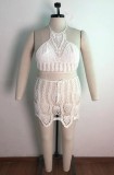 Summer Plus Size White Knit Fishnet Crop Top and Skirt Set
