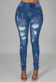 Autumn Blue Paints High Waist Ripped Jeans