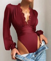 Autumn Red Lace Patch Sexy Deep-V High Cut Long Sleeve Bodysuit