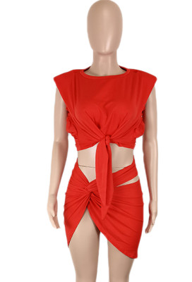 Summer Sexy Red Knotted Crop Top and Mini Skirt Set
