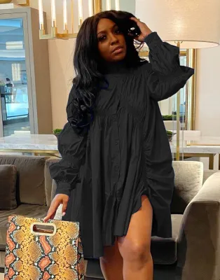 Autumn Casual Black Puff Sleeve Loose Blouse Dress