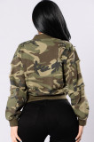 Autumn Camou Green Ripped Short Zipper Denim Jacket with Full Sleeves