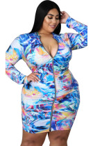 Autumn Plus Size Print Long Sleeve Zipper Bodycon Dress