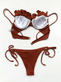 Two-Piece Burgunry Ruffles Strings Strap Swimwear