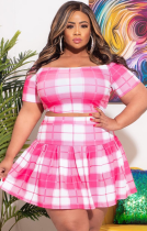 Summer Plus Size Plaid Off Shoulder Crop Top and Pleated Skirt Set