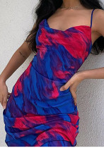 Summer Print Blue Strap Party Dress