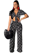 Summer Print Knotted Crop Top and Pants Holiday 2PC Set