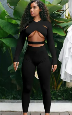 Autumn Black Sexy Tight Crop Top and Pants Set