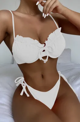 Two-Piece White Ruffles Strings Strap Swimwear