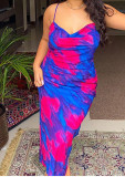 Summer Print Blue Strap Party Dress