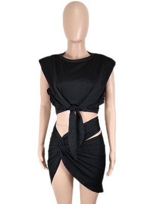 Summer Sexy Black Knotted Crop Top and Mini Skirt Set