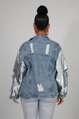 Autumn Blue Sequin Patch Long Sleeve Ripped Denim Jacket