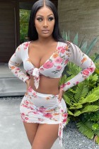 Autumn Sexy Floral Long Sleeve See Through Crop Top and Mini Skirt Set