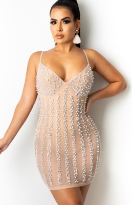 Summer Sexy Beige Beaded Strap Mini Bodycon Dress