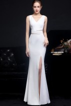 Summer Formal White Sleeveless Slit Mermaid V-Neck Evening Dress