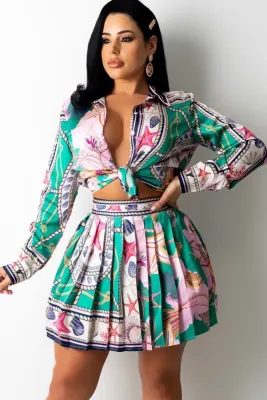 Autumn Print Retro Long Sleeve Blouse and Pleated Skirt Set