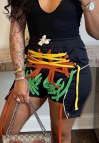 Summer Colorful Strings Black Drawstring Irregular Shorts