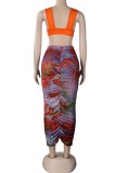 Summer Sexy Orange Bra and Print Midi Skirt Set