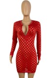 Autumn Sexy Red Hollow Out Long Sleeve Mini Bodycon Dress