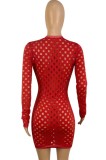 Autumn Sexy Red Hollow Out Long Sleeve Mini Bodycon Dress