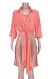 Autumn Casual Pink Knotted Long Blouse with Full Sleeves