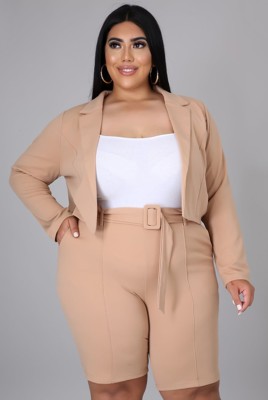 Autumn Plus Size Professional Beige Blazer and Shorts Office Suit with Belt