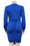 Autumn Plus Size Formal Blue Long Sleeve Ruched Bodycon Dress