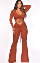 Autumn Party Sexy Solid Color Ruched Crop Top and Pants Set