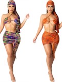 Summer 4 Pieces Print Cover-Up Bikini Set