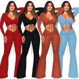 Autumn Party Sexy Solid Color Ruched Crop Top and Pants Set