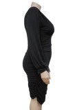 Autumn Plus Size Formal Black Long Sleeve Ruched Bodycon Dress