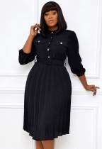 Autumn Professional Black Pleated Office Dress with Belt
