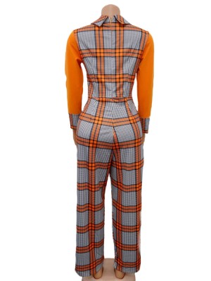 Autumn Professional Orange Plaid Print Formal Jumpsuit
