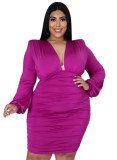 Autumn Plus Size Formal Purple Long Sleeve Ruched Bodycon Dress