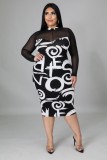 Autumn Plus Size Print Black Long Sleeve Midi Bodycon Dress