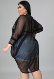 Summer Plus Size Black See Through Long Sleeve Cover-Up Blouse