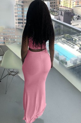 Summer Pink Ruched Strings Crop Top and Long Skirt Set