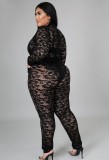 Autumn Plus Size Black Lace Sexy Bodysuit and Pants Set