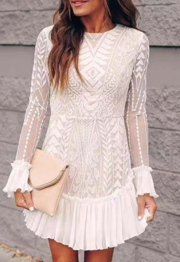 Autumn Formal White Lace Mermaid Party Dress with Full Sleeves