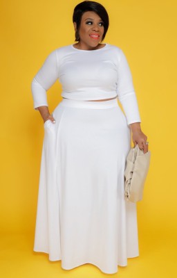 Autumn Plus Size White Long Sleeve Crop Top and Maxi Skirt Set